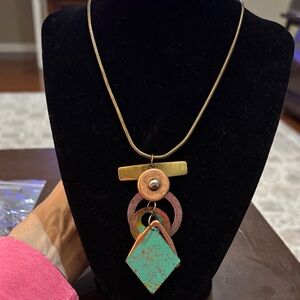 Handcrafted Turquoise Patina Geometric Pendant Necklace